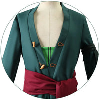Roronoa Zoro Cosplay Costume including outfit, head scarf, and earrings available in adult sizes.