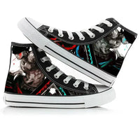 Trendy One Piece High-Top Canvas Shoes featuring creative anime pictures of Luffy, Zoro, Ace, and Chopper for men and women.