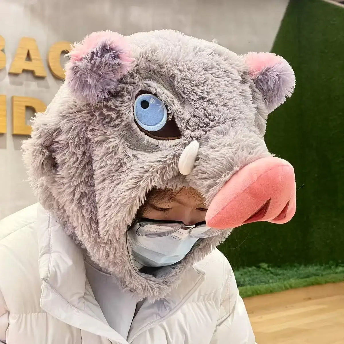 Inosuke Boar Head Plush Cosplay Neck Pillow U-shaped hooded travel blackout cloak anime prop