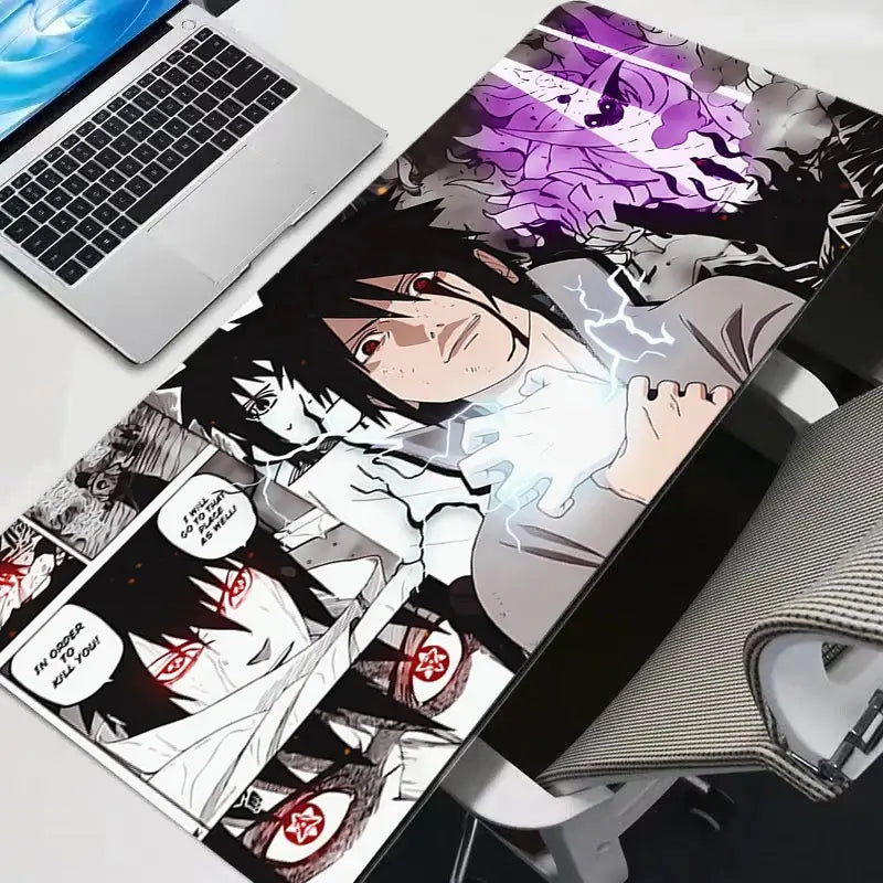 A premium Sasuke Uchiha Mouse Pad featuring an HD print anime graphic, designed as a non-slip rubber gaming desk mat for computer accessories.
