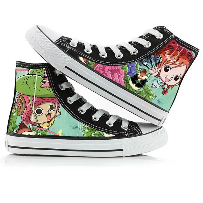 Trendy One Piece High-Top Canvas Shoes featuring creative anime pictures of Luffy, Zoro, Ace, and Chopper for men and women.