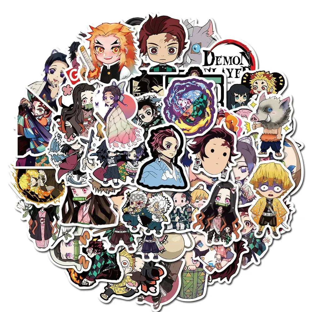 A mixed pack of waterproof Demon Slayer Stickers featuring cute Tanjiro and Nezuko anime art, applied to a laptop and phone case.