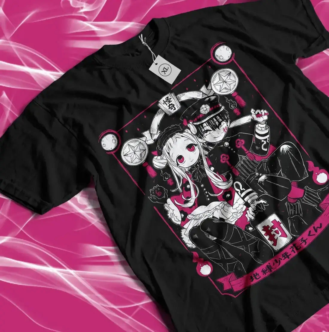 A trendy Hanako-kun T-shirt featuring a colorful Jibaku Shounen anime graphic print, styled as Y2K summer streetwear for women.