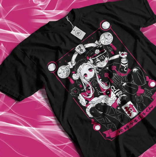A trendy Hanako-kun T-shirt featuring a colorful Jibaku Shounen anime graphic print, styled as Y2K summer streetwear for women.