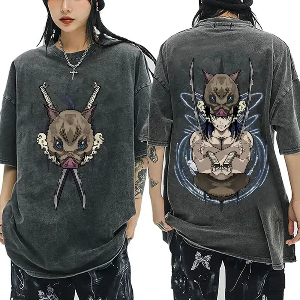 A vintage washed Demon Slayer Serpent Hashira Iguro Obanai T Shirt in a casual, oversized style for men and women.