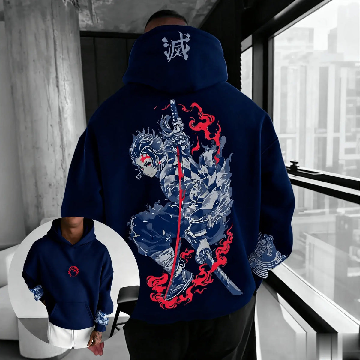 A trendy oversized Demon Slayer Hooded Sweatshirt featuring colorful anime character graphics, designed as casual autumn streetwear for men and women.