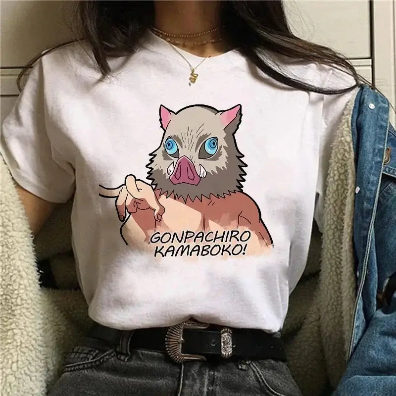 A Demon Slayer T Shirt for Women, a female Kimetsu No Yaiba graphic tee with a Nezuko and Tanjirou Kamado print.