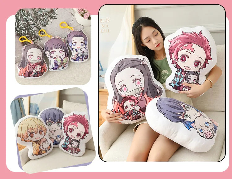 Demon Slayer Nezuko Kawaii Stuffed Plush Doll showcased with a girl holding the cushion featuring Nezuko and Tanjiro designs.