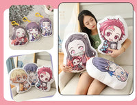 Demon Slayer Nezuko Kawaii Stuffed Plush Doll showcased with a girl holding the cushion featuring Nezuko and Tanjiro designs.