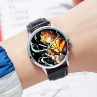 A stylish Demon Slayer Watch featuring two-dimensional anime art of Rengoku Kyoujurou and Tokitou Muichirou, designed as a trendy business wristwatch.