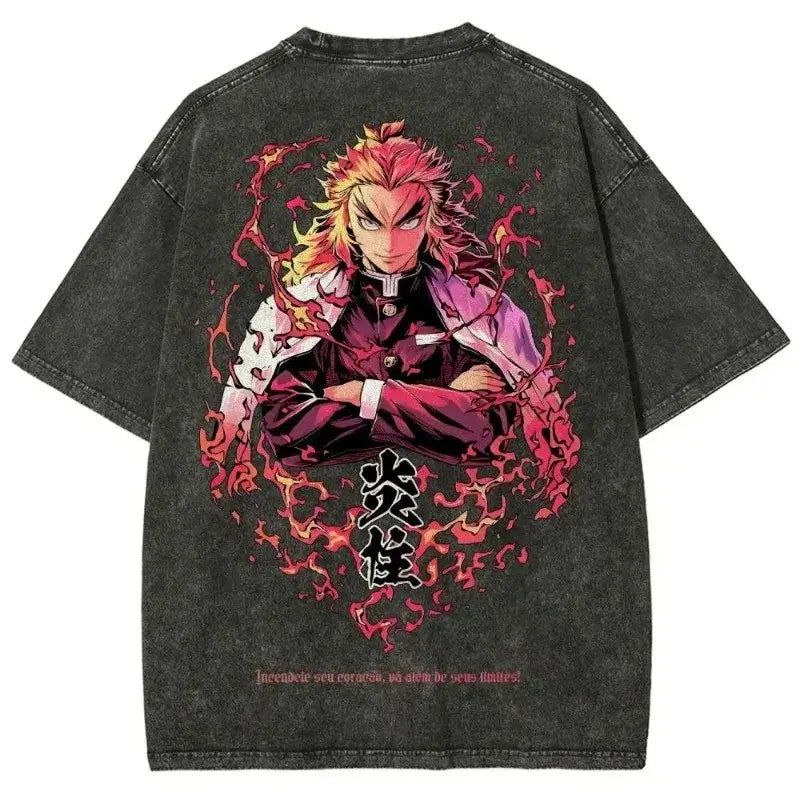 Retro Washed Anime Ghost Slayer Blade Oversized T-shirt for men and women on model