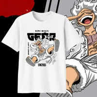 A white One Piece T-Shirt with a Monkey D. Luffy Gear 5 Fifth print, available for babies, children, teens, and adults.