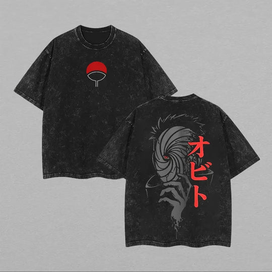 Obito Uchiha Mask Acid Wash T-Shirt featuring red design on a black background, perfect for Naruto streetwear enthusiasts.