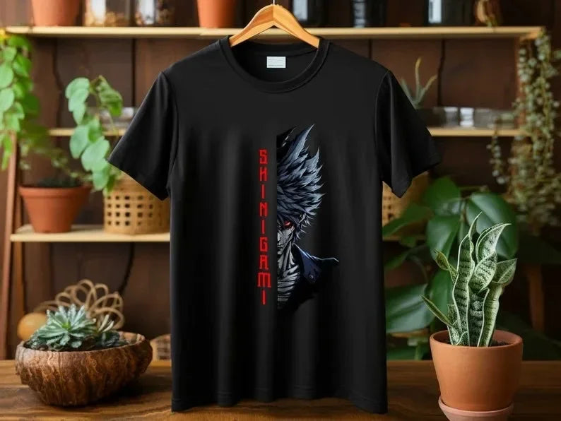 A trendy Death Note T-shirt featuring high-definition anime graphic art of Light Yagami and Ryuk, designed as a unisex Japanese manga top.