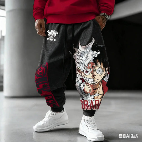 Unisex Luffy Gear 5 Pants made of thick winter cotton, featuring Sun God Nika anime graphics and cuffed ankles for Harajuku streetwear style.