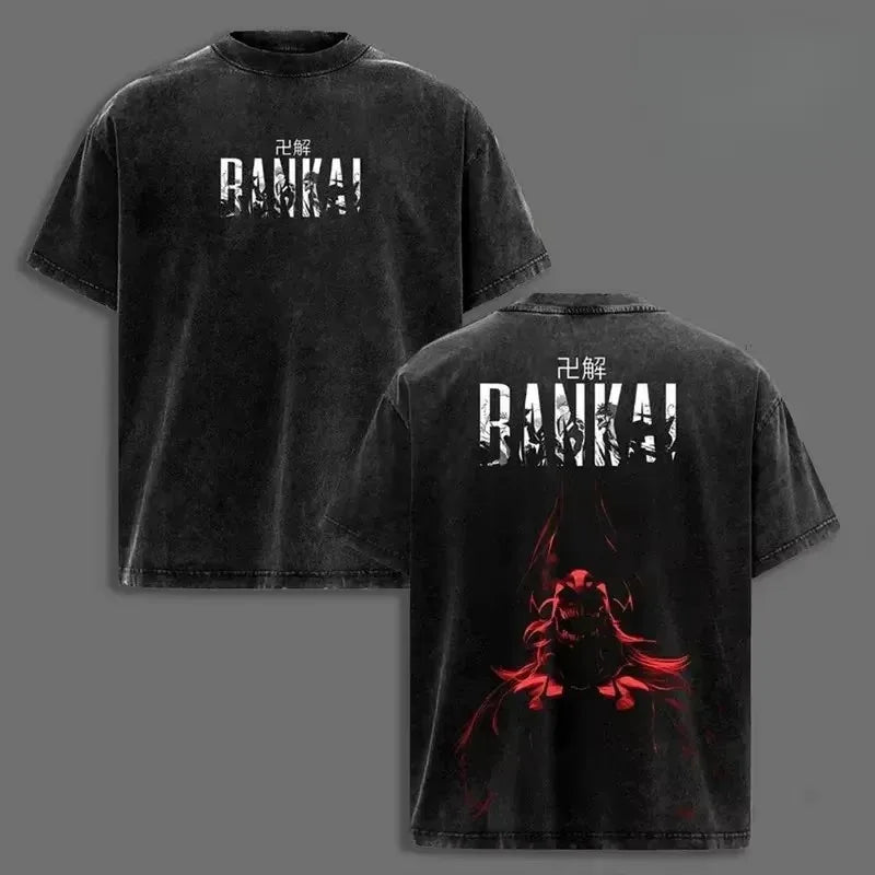 Bleach T-Shirt Vintage Washed Anime Streetwear oversized nylon-cotton blend Y2K hip-hop Bleach anime graphic washed finish applique unisex S to XXXL front view