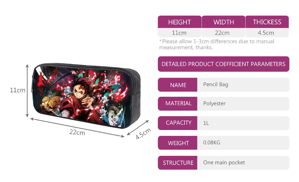 A pink Demon Slayer Backpack 3-piece set featuring Kamado Nezuko anime art, including a schoolbag, shoulder bag, and pencil case for students.