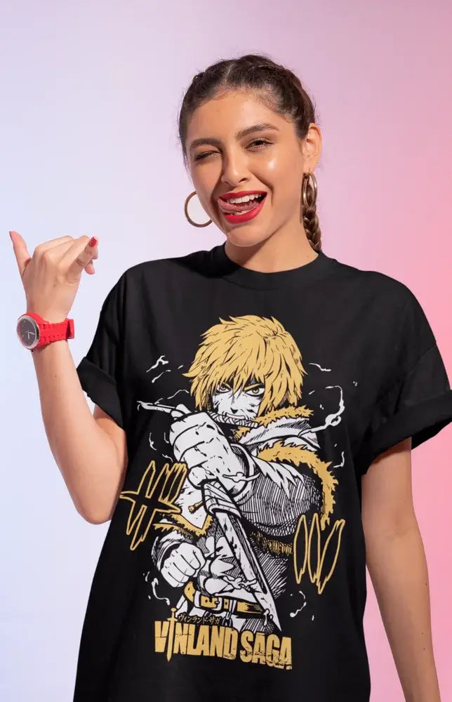 Thorfinn Askeladd T-Shirt Vinland Saga close-up showing printed manga artwork and reinforced ribbed collar