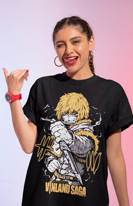 Thorfinn Askeladd T-Shirt Vinland Saga close-up showing printed manga artwork and reinforced ribbed collar