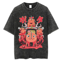 A vintage-washed black Chainsaw Man T-Shirt made of soft cotton, featuring a Denji graphic print, designed as oversized Harajuku streetwear.