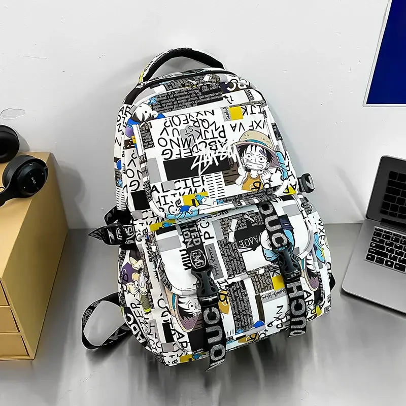 A high-capacity One Piece Luffy Backpack featuring a vibrant graffiti print of Monkey D. Luffy, designed as a durable school bag for middle and high students.
