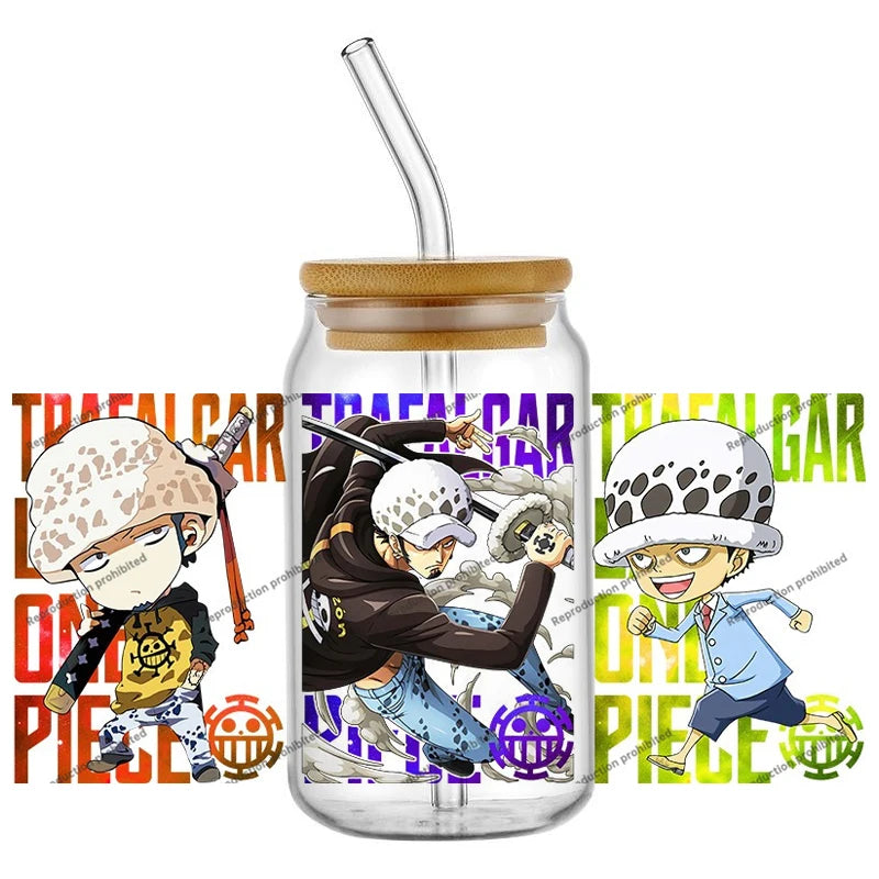 A collection of the newest 31 designs of popular One Piece UV DTF Stickers for a 16oz glass cup.