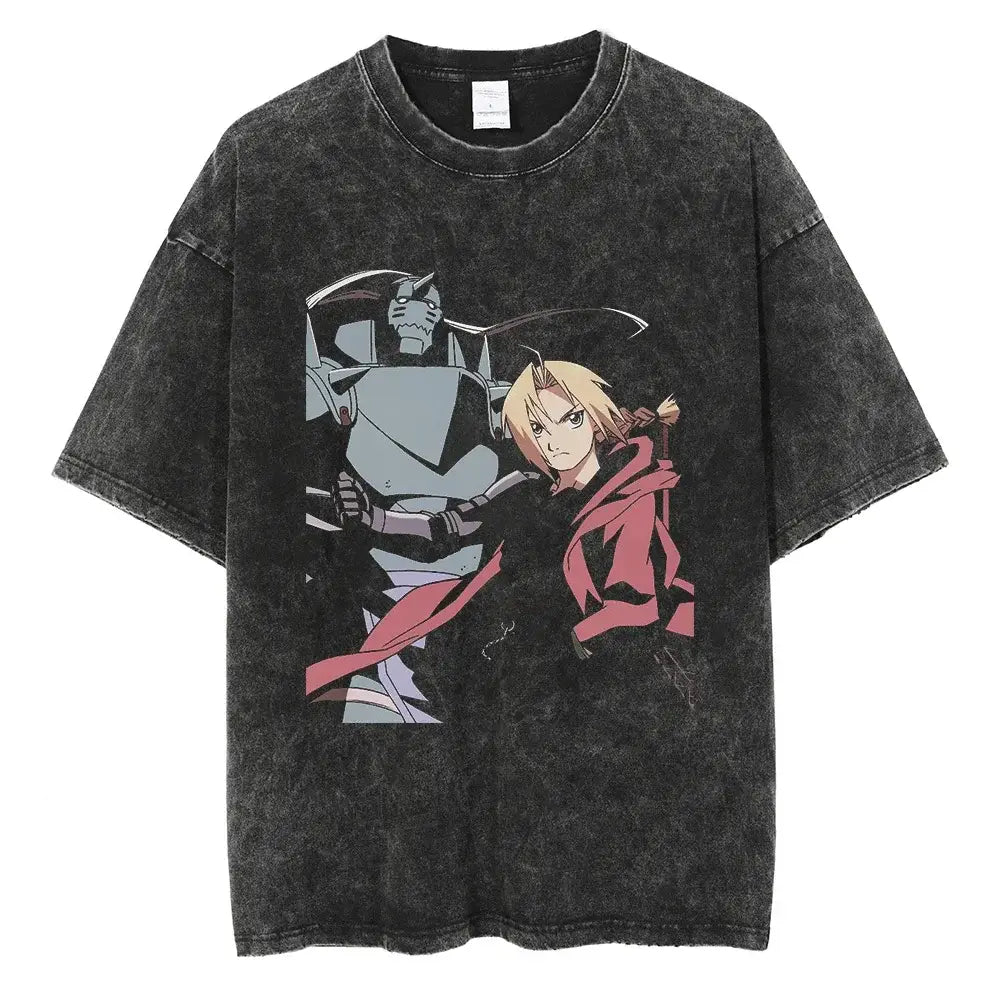 Fullmetal Alchemist Vintage Washed Hip Hop T-Shirt featuring Ed and Al, perfect for anime streetwear enthusiasts.