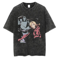 Fullmetal Alchemist Vintage Washed Hip Hop T-Shirt featuring Ed and Al, perfect for anime streetwear enthusiasts.
