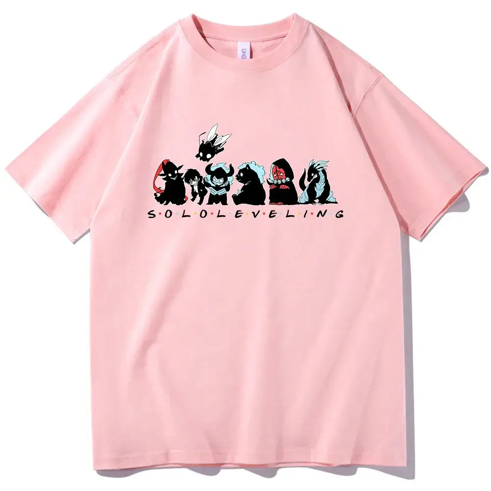 A Cute Solo Leveling T-shirt with a chibi anime design, perfect as a short sleeve O-neck gift for fans.