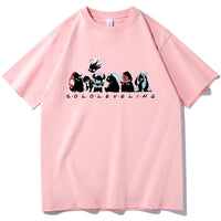 A Cute Solo Leveling T-shirt with a chibi anime design, perfect as a short sleeve O-neck gift for fans.