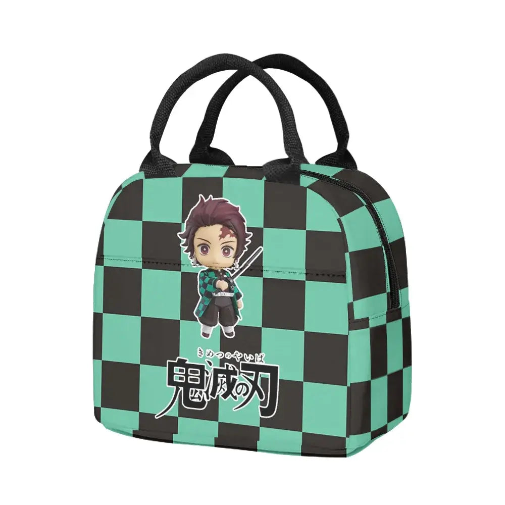 A 3-piece Demon Slayer Backpack Set featuring Tanjiro and Nezuko anime art, including a school bag, lunch box, and pencil case for elementary students.