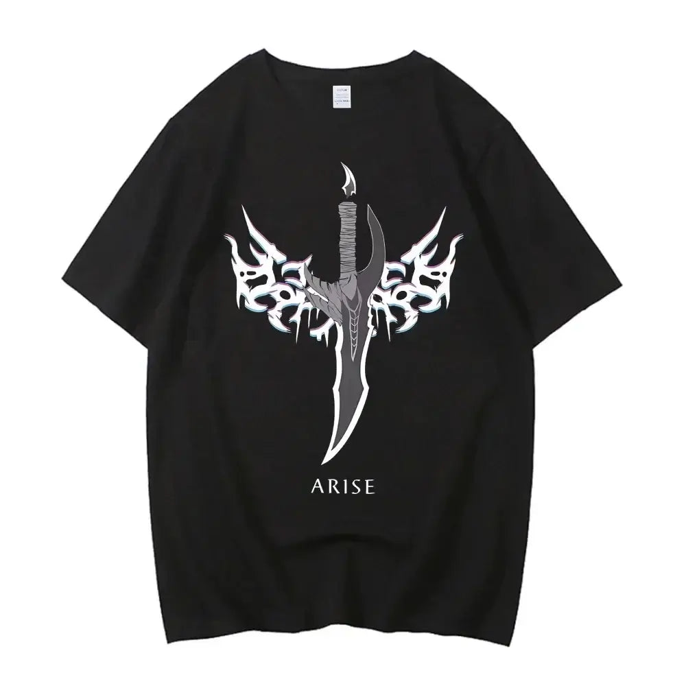 A high-quality Japanese Anime Solo Leveling T Shirt with a Sung Jinwoo cartoon graphic in a Harajuku short sleeve style.