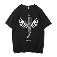 A high-quality Japanese Anime Solo Leveling T Shirt with a Sung Jinwoo cartoon graphic in a Harajuku short sleeve style.