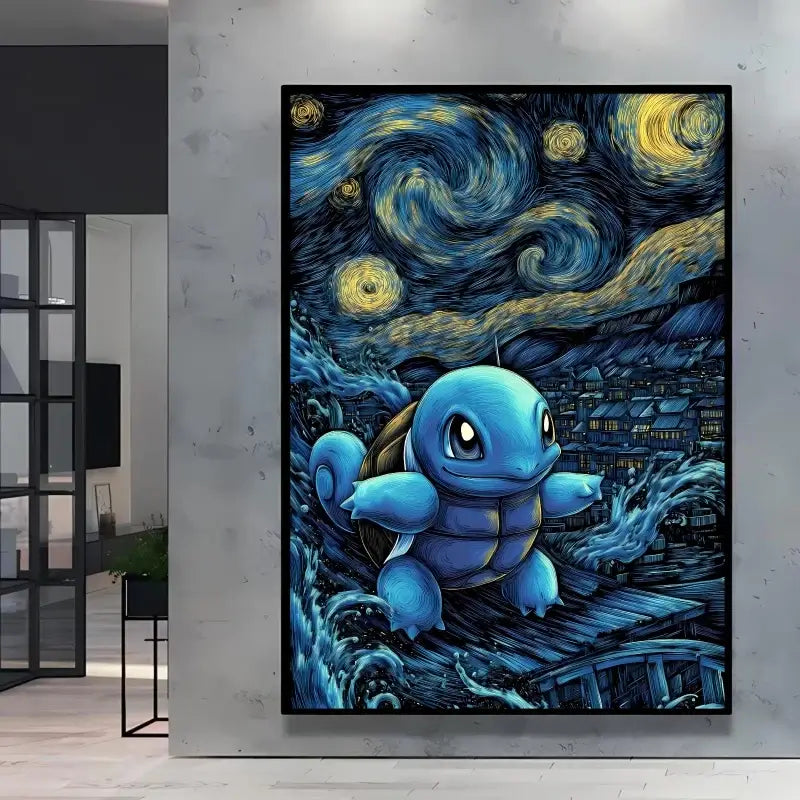 A stunning Van Gogh Pokemon Wall Art piece featuring Pikachu painted in a Starry Night impressionist style for unique home decoration.