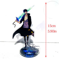 A high-definition 15cm Solo Leveling Acrylic Stand featuring Sung Jinwoo, Sung Jin Ah, and Yoo Jin Ho anime action figures for desk decoration.
