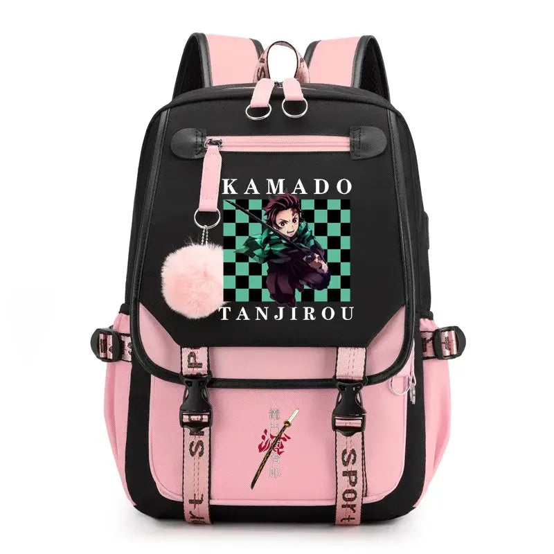 A durable Kamado Tanjirou Backpack featuring the green checkered pattern, large capacity storage, and high-quality zippers for teenagers.