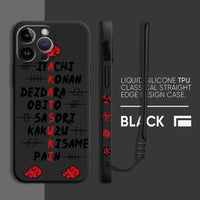 A black Akatsuki Cloud Phone Case featuring the red cloud symbol pattern, compatible with Apple iPhone 16, 15, 14 Pro Max, and 13.