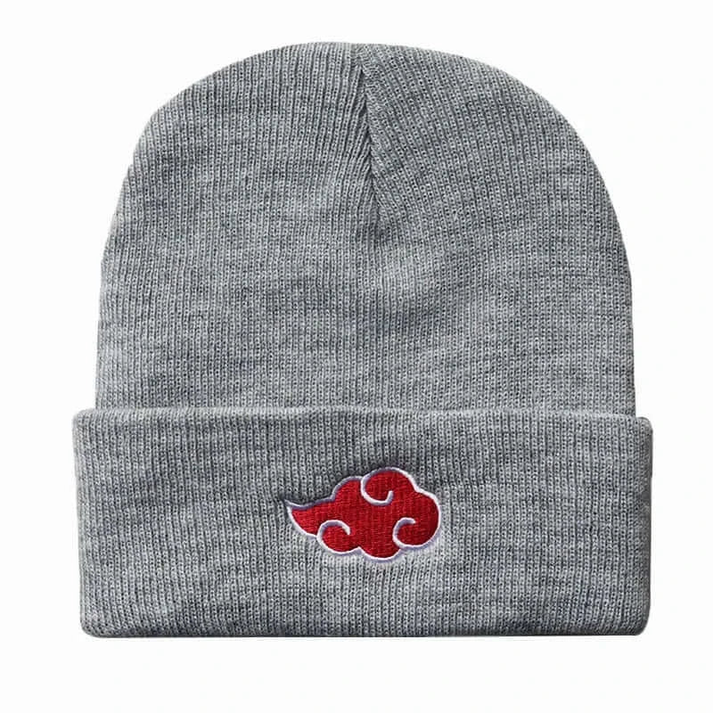 A black knitted Akatsuki Beanie featuring the red cloud embroidery symbol, designed as a warm unisex winter hat for men and women.