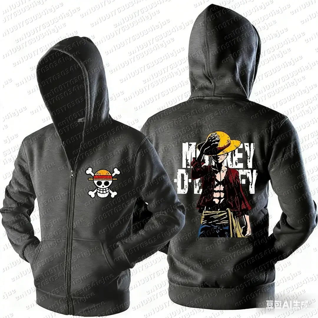 Luffy Zipper Hoodie One Piece 3D Print Streetwear full-zip polyester Monkey D Luffy graphic hip-hop punk style unisex men women autumn front view