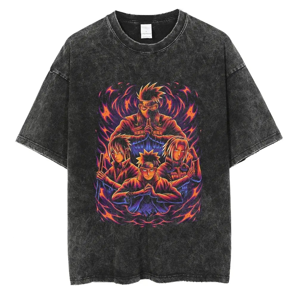 A man wearing the vintage black Japanese Anime Naruto Print T Shirt in a Harajuku hip hop streetwear style.