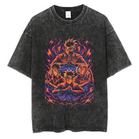 A man wearing the vintage black Japanese Anime Naruto Print T Shirt in a Harajuku hip hop streetwear style.