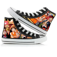 Trendy One Piece High-Top Canvas Shoes featuring creative anime pictures of Luffy, Zoro, Ace, and Chopper for men and women.