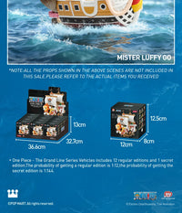 A Pop Mart One Piece Vehicles blind box packaging containing a surprise Grand Line Series ship figure for home decoration.