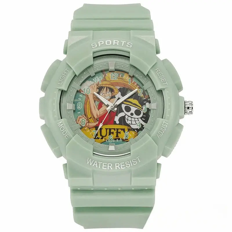A waterproof One Piece Electronic Watch featuring colorful Monkey D. Luffy anime character art on a durable sports wristband for children.