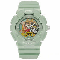 A waterproof One Piece Electronic Watch featuring colorful Monkey D. Luffy anime character art on a durable sports wristband for children.