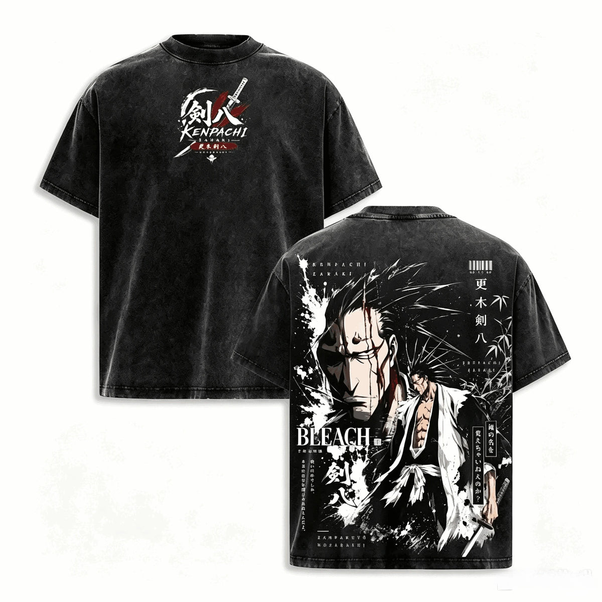 BLEACH Y2K Oversized T-Shirt featuring unique graphic design and washed black fabric, ideal for Harajuku streetwear fans.