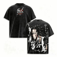 BLEACH Y2K Oversized T-Shirt featuring unique graphic design and washed black fabric, ideal for Harajuku streetwear fans.