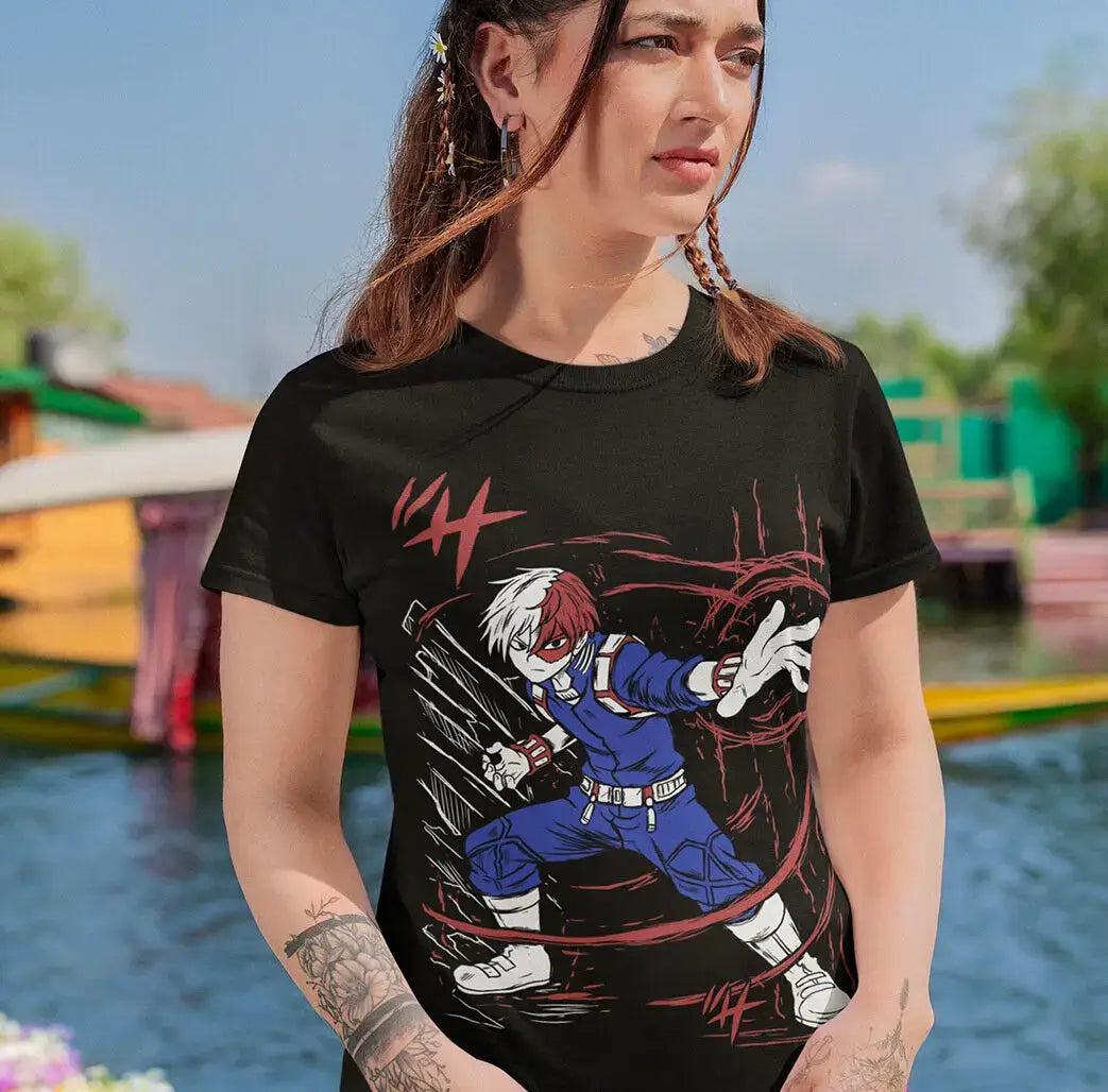 A high-quality black Todoroki T-shirt featuring graphic anime art of Dabi (Toya Todoroki) and Shoto elements, designed for men and women.
