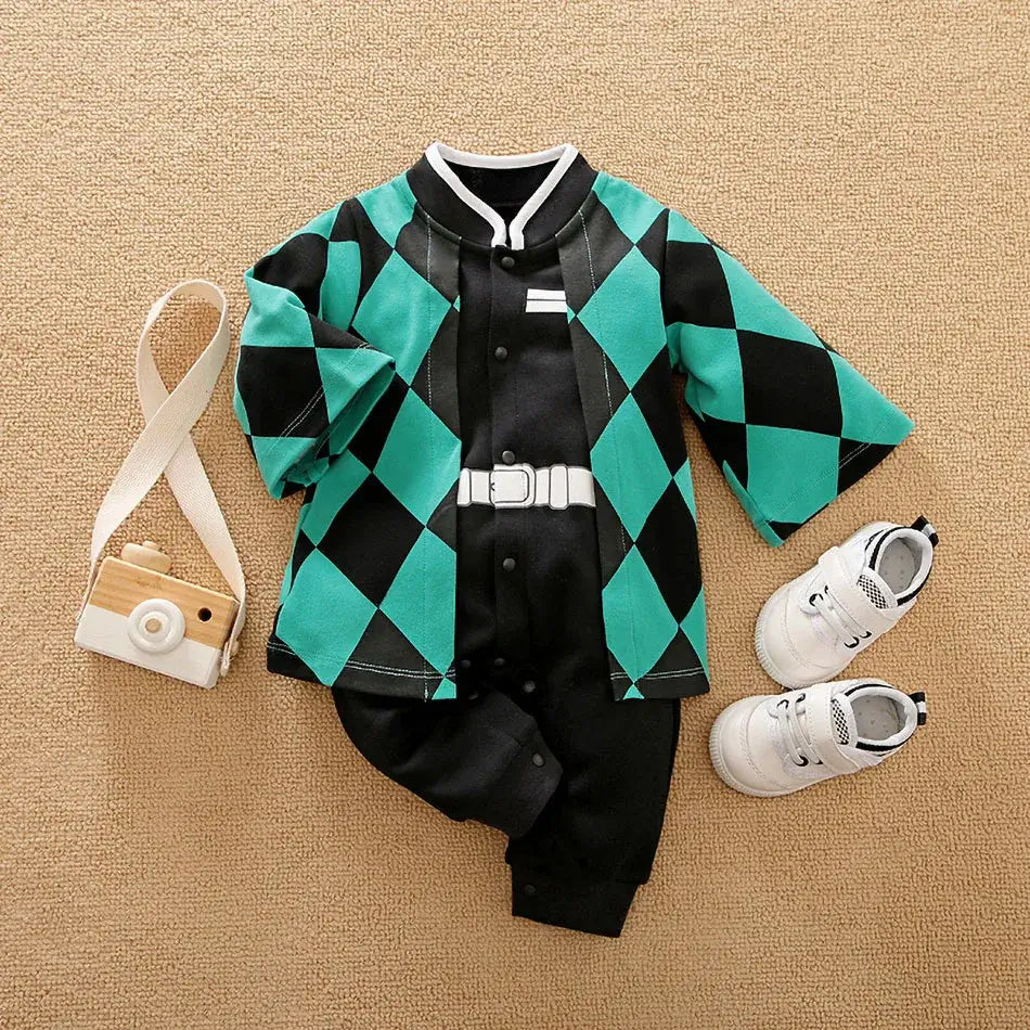 A newborn infant wearing the Baby Anime Costume, a cosplay jumpsuit available in Luffy, Akatsuki, and Vegeta styles.