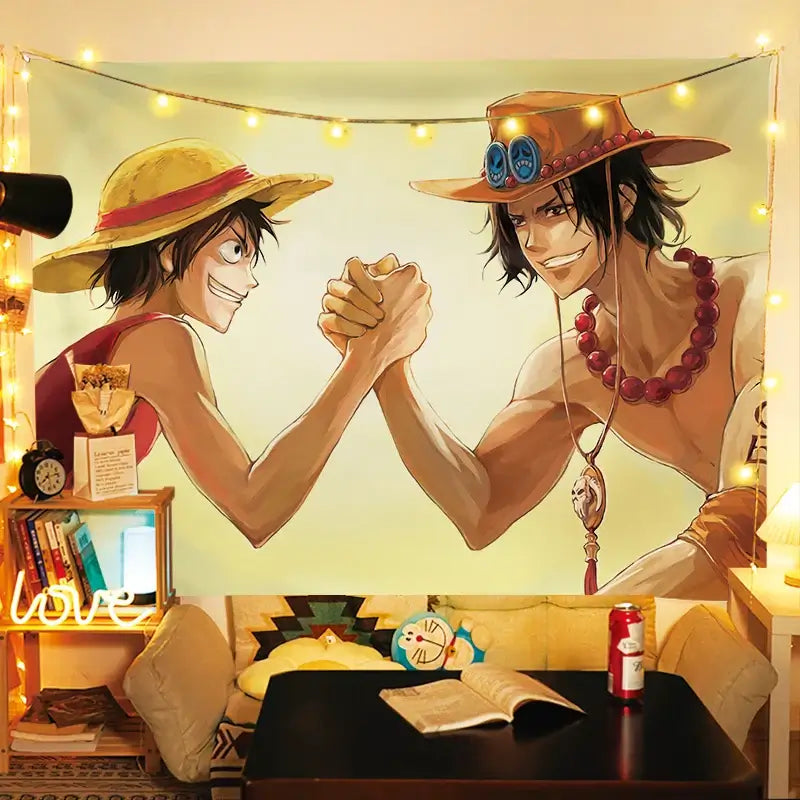 A large One Piece Luffy Tapestry hanging on a bedroom wall, featuring vibrant anime graphic art for men's room decoration.